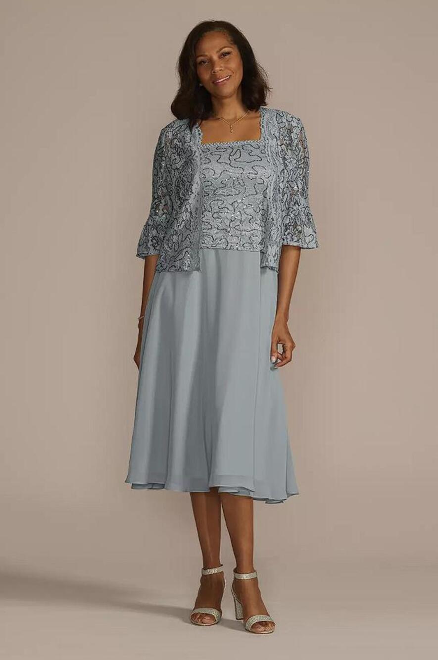 LE BOS Women's Tea Length Sequin Lace and Chiffon Jacket Dress Size 14